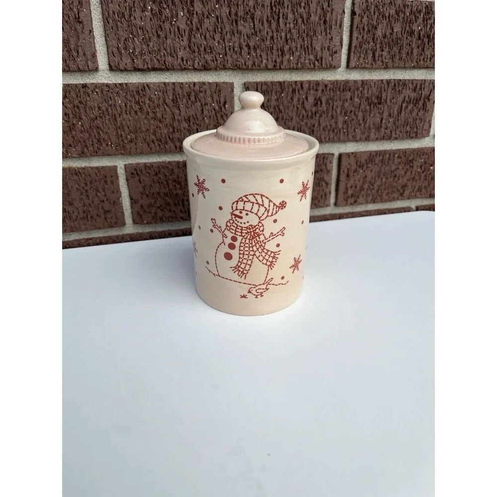 Vintage‎ Red Snowman & Snowflakes Beige Christmas Crock w/ Sealing Lid